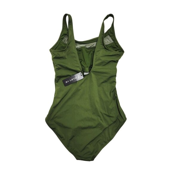 Green One-Piece Ruched Swimsuit  Mesh Inserts By Tempt Me Size S Womens - Picture 2 of 7